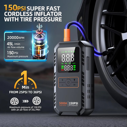 Car Jump Starter with Air Compressor – 5000A Portable Battery Booster with 150 PSI Tire Inflator for Cars, Bikes and Motorcycles