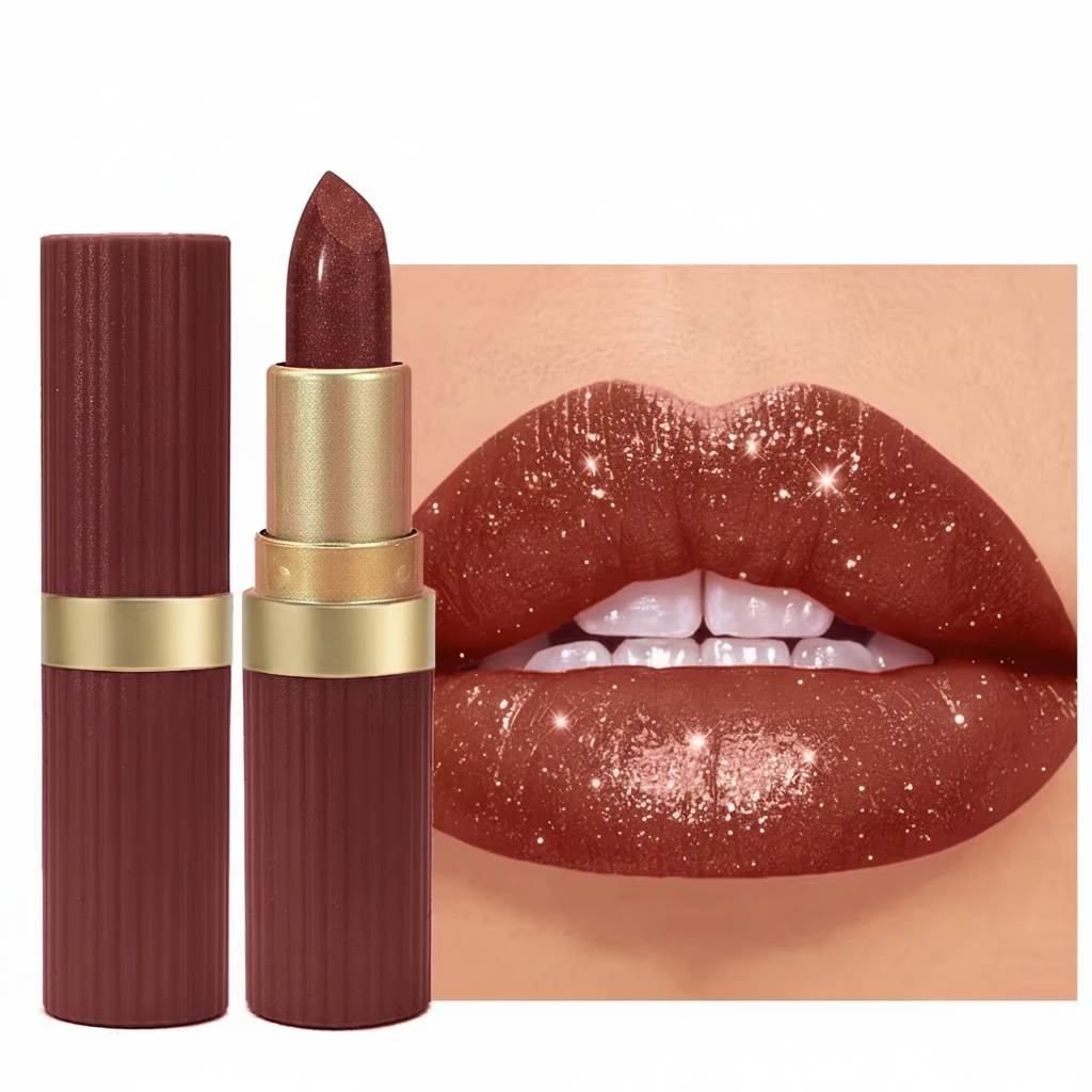 Pearlescent Pink Glitter Lipstick – Metallic Matte Shimmer Lip Color with Waterproof, Long-Lasting Finish for Sparkling Diamond-Look Makeup