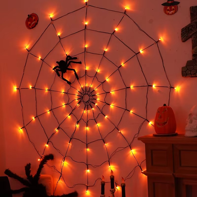 Halloween Spider Web LED String Lights – Orange Glowing Spider Net with Black Spider for Indoor, Outdoor, Haunted House and Party Decor
