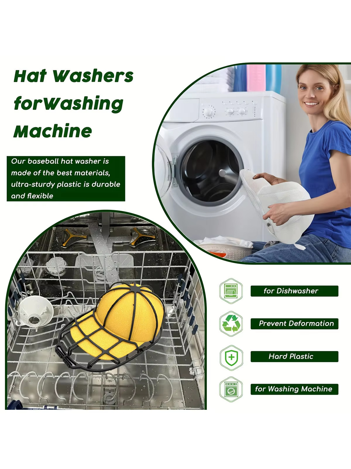 Baseball Cap Washer Cage - Rigid Hat Frame plus Mesh Wash Bag, Holds a Cap's Shape in the Washing Machine or Dishwasher
