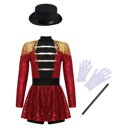 Girls Sequin Magician Costume – Circus Ringmaster Bodysuit Jumpsuit with Hat, Gloves & Magic Wand for Halloween, Stage Performances and Dress-Up