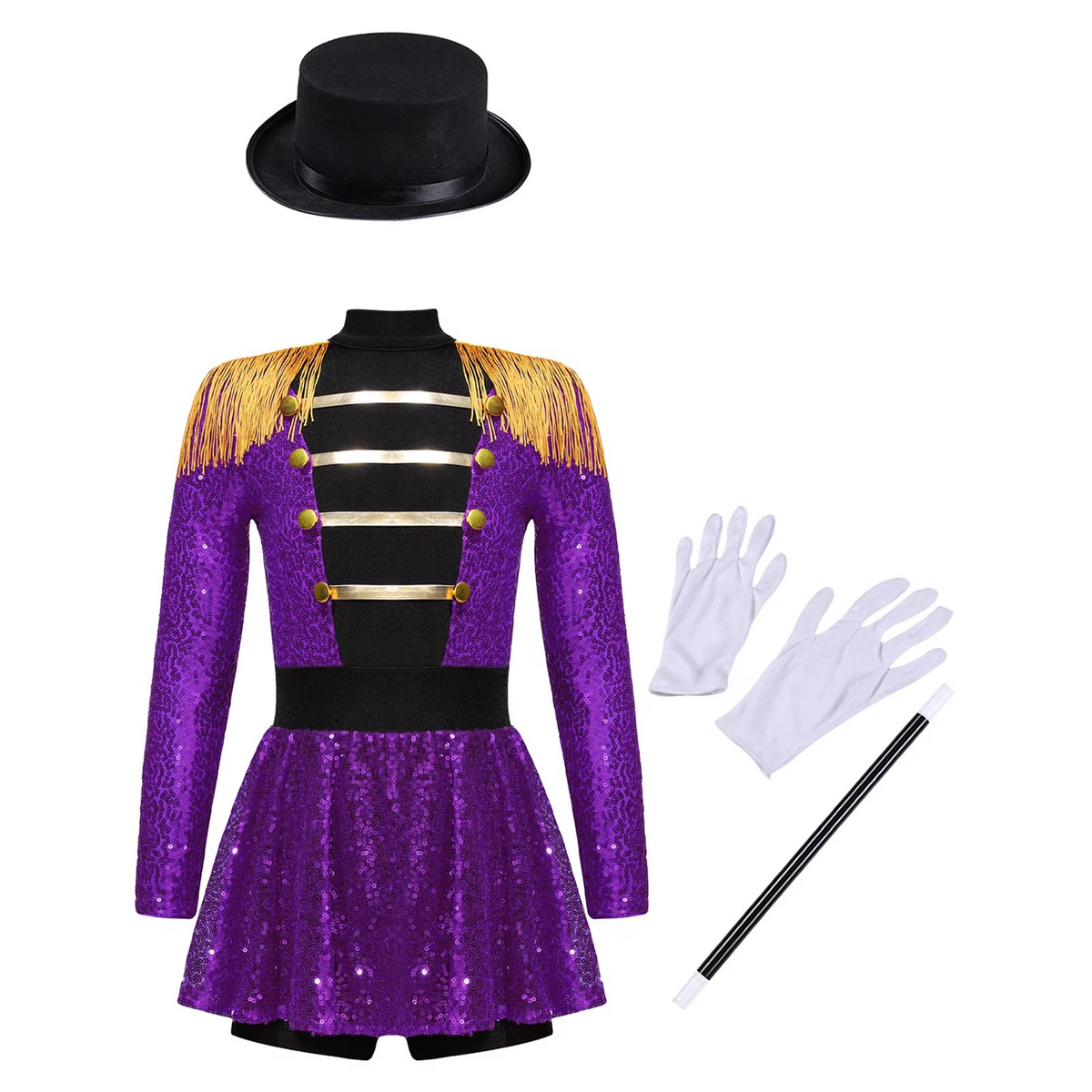 Girls Sequin Magician Costume – Circus Ringmaster Bodysuit Jumpsuit with Hat, Gloves & Magic Wand for Halloween, Stage Performances and Dress-Up