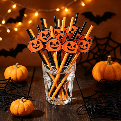 Halloween Disposable Paper Straws – 20–100 Piece Pumpkin Face Drinking Straws for Holiday Parties, Dinner Tables, Decorations and Party Favors