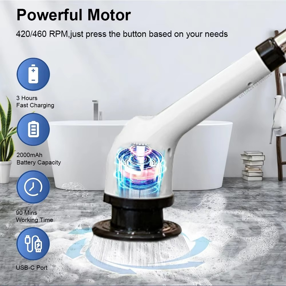 Electric Spin Cleaning Brush – 7-in-1 Cordless Multifunctional Rotary Scrubber for Kitchen, Bathroom, Floors, Tiles and Household Cleaning
