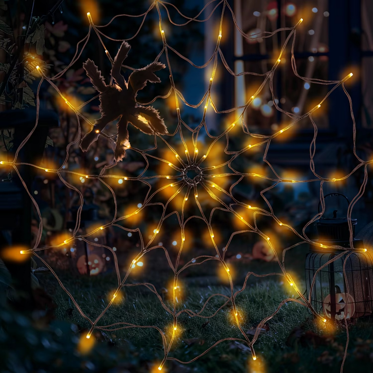 Halloween Spider Web LED String Lights – Orange Glowing Spider Net with Black Spider for Indoor, Outdoor, Haunted House and Party Decor