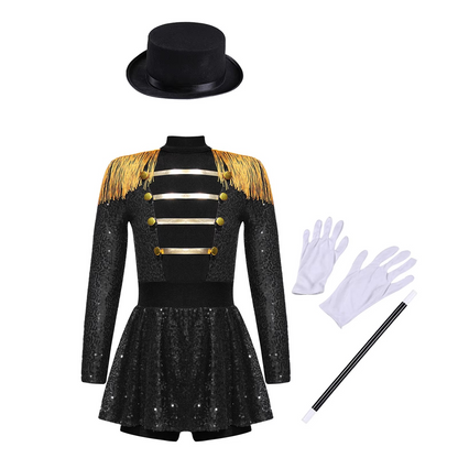 Girls Sequin Magician Costume – Circus Ringmaster Bodysuit Jumpsuit with Hat, Gloves & Magic Wand for Halloween, Stage Performances and Dress-Up