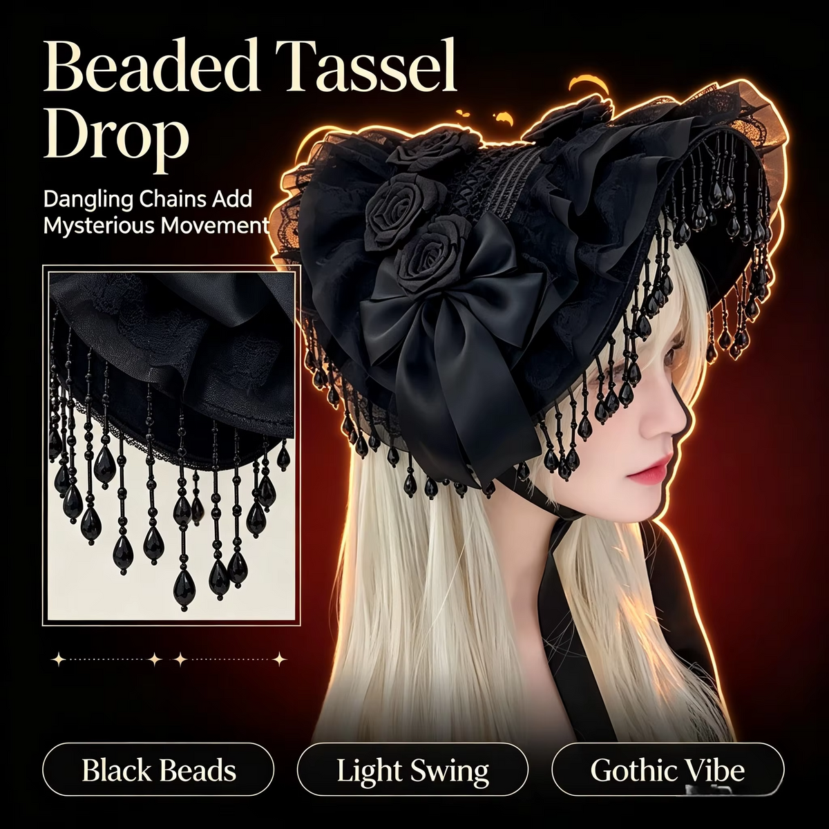 Gothic Halloween Cosplay Hat – Black Lace Cap with Pearl Tassels, Bow & Feather Details for Girls, Costume Parties and Photo Props
