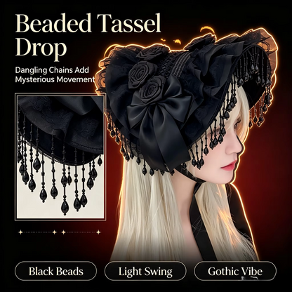 Gothic Halloween Cosplay Hat – Black Lace Cap with Pearl Tassels, Bow & Feather Details for Girls, Costume Parties and Photo Props