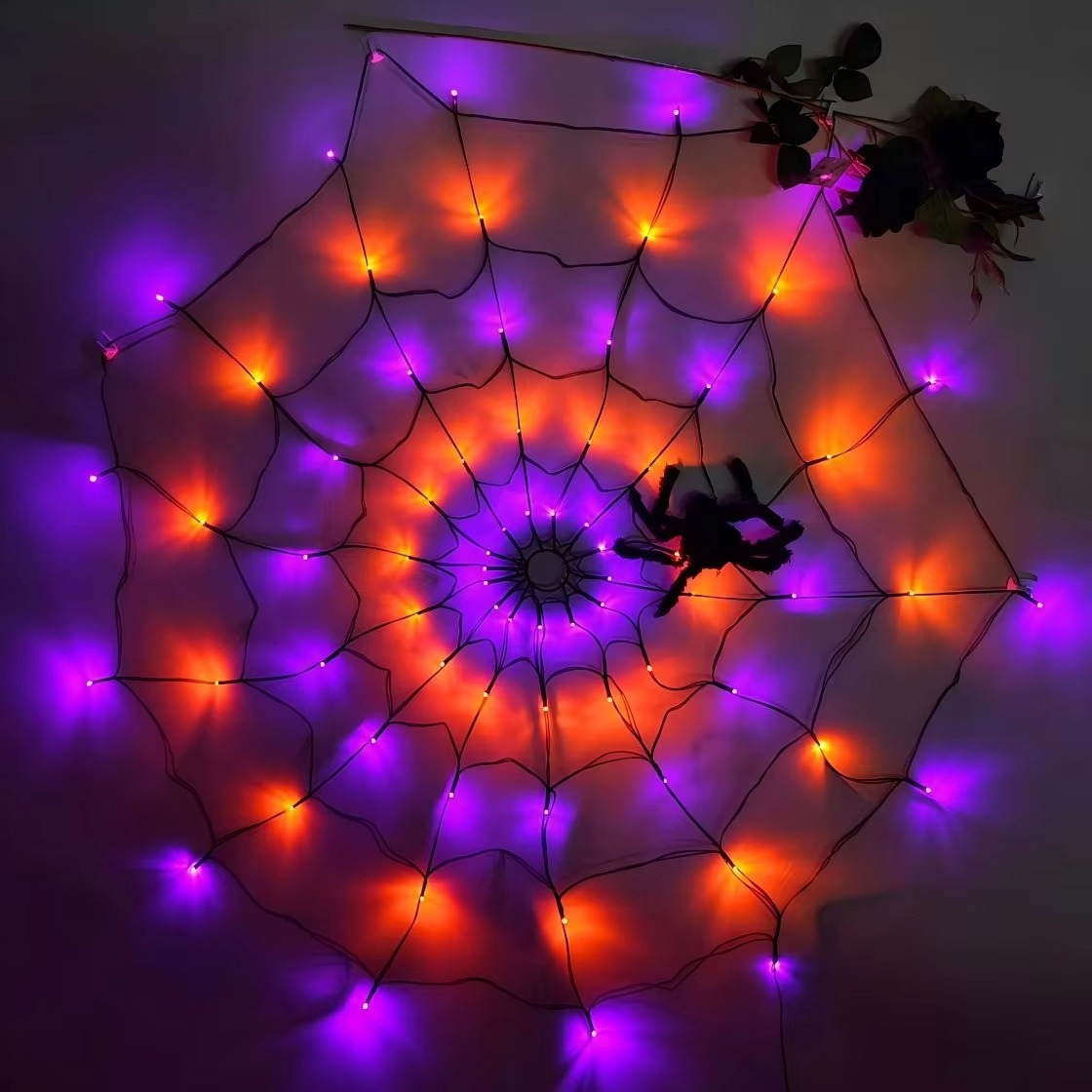 Halloween Spider Web LED String Lights – Orange Glowing Spider Net with Black Spider for Indoor, Outdoor, Haunted House and Party Decor