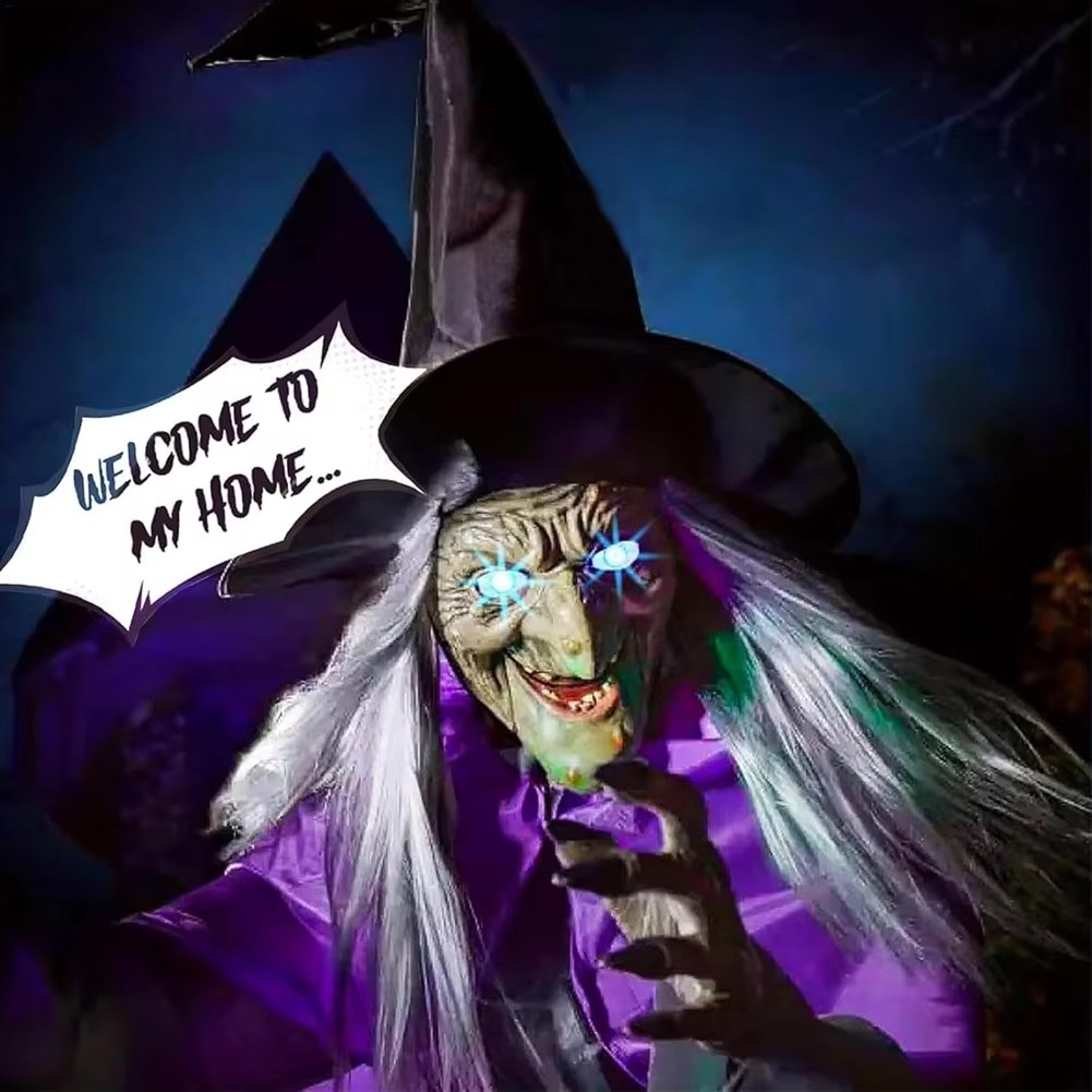 Halloween Flying Witch Decoration – Light-Up LED Hanging Witch with Creepy Screaming Sounds for Garden, Yard, Lawn and Indoor Halloween Displays