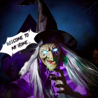 Halloween Flying Witch Decoration – Light-Up LED Hanging Witch with Creepy Screaming Sounds for Garden, Yard, Lawn and Indoor Halloween Displays