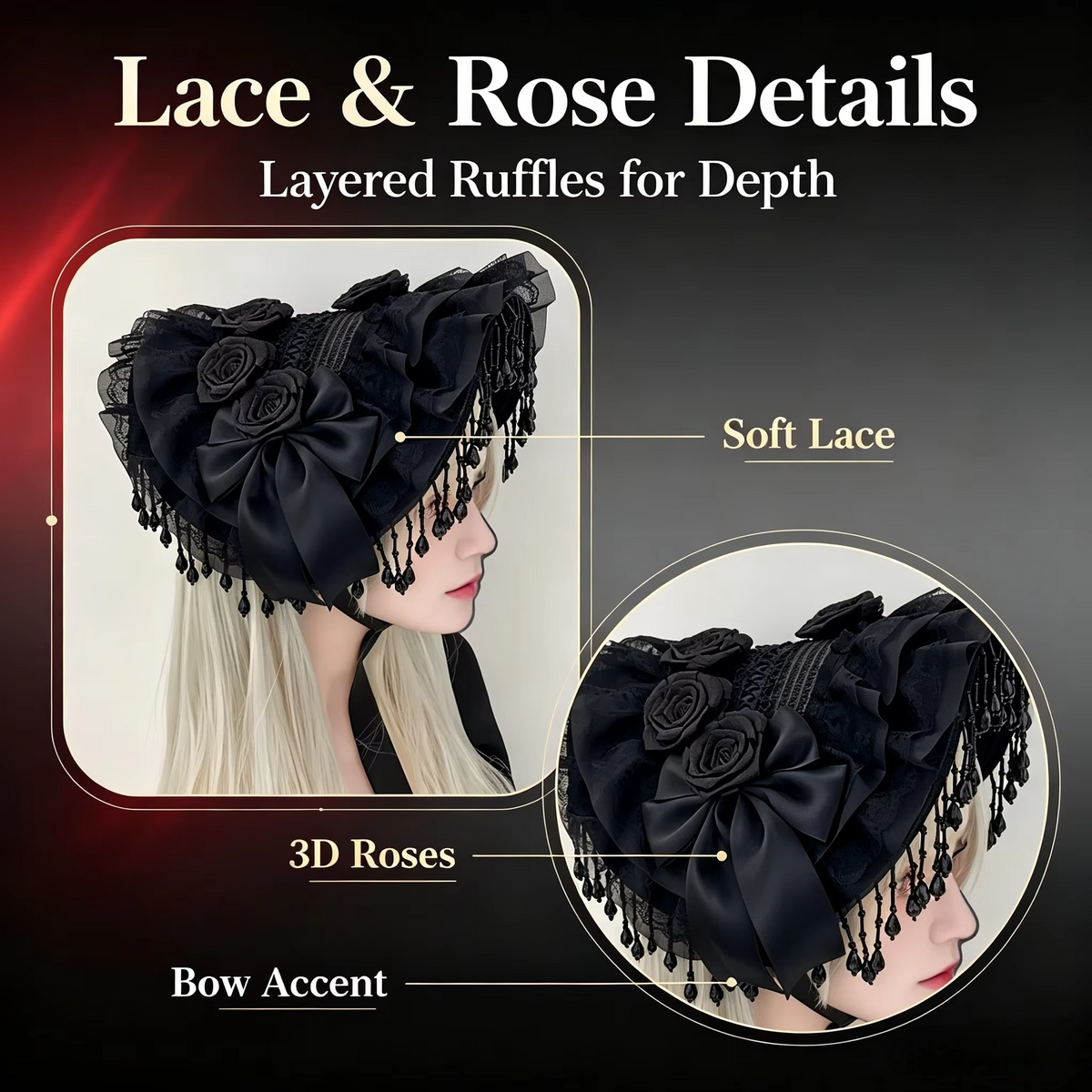 Gothic Halloween Cosplay Hat – Black Lace Cap with Pearl Tassels, Bow & Feather Details for Girls, Costume Parties and Photo Props