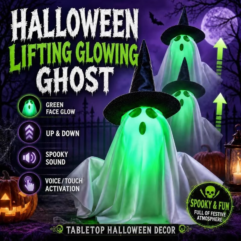 Rising Halloween Ghost Decoration – Animated Witch Hat Ghost with Glowing Green Face & Spooky Sound Effects for Tabletop, Haunted Houses and Parties