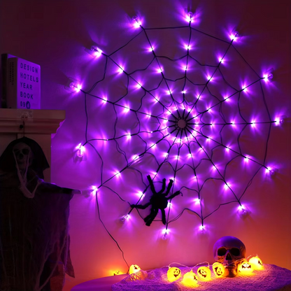 Halloween Spider Web LED String Lights – Orange Glowing Spider Net with Black Spider for Indoor, Outdoor, Haunted House and Party Decor