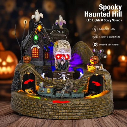 Halloween Village Train Decoration – LED Light-Up Musical Haunted House Display with Ghost & Skeleton Figurines for Tabletop and Holiday Decor