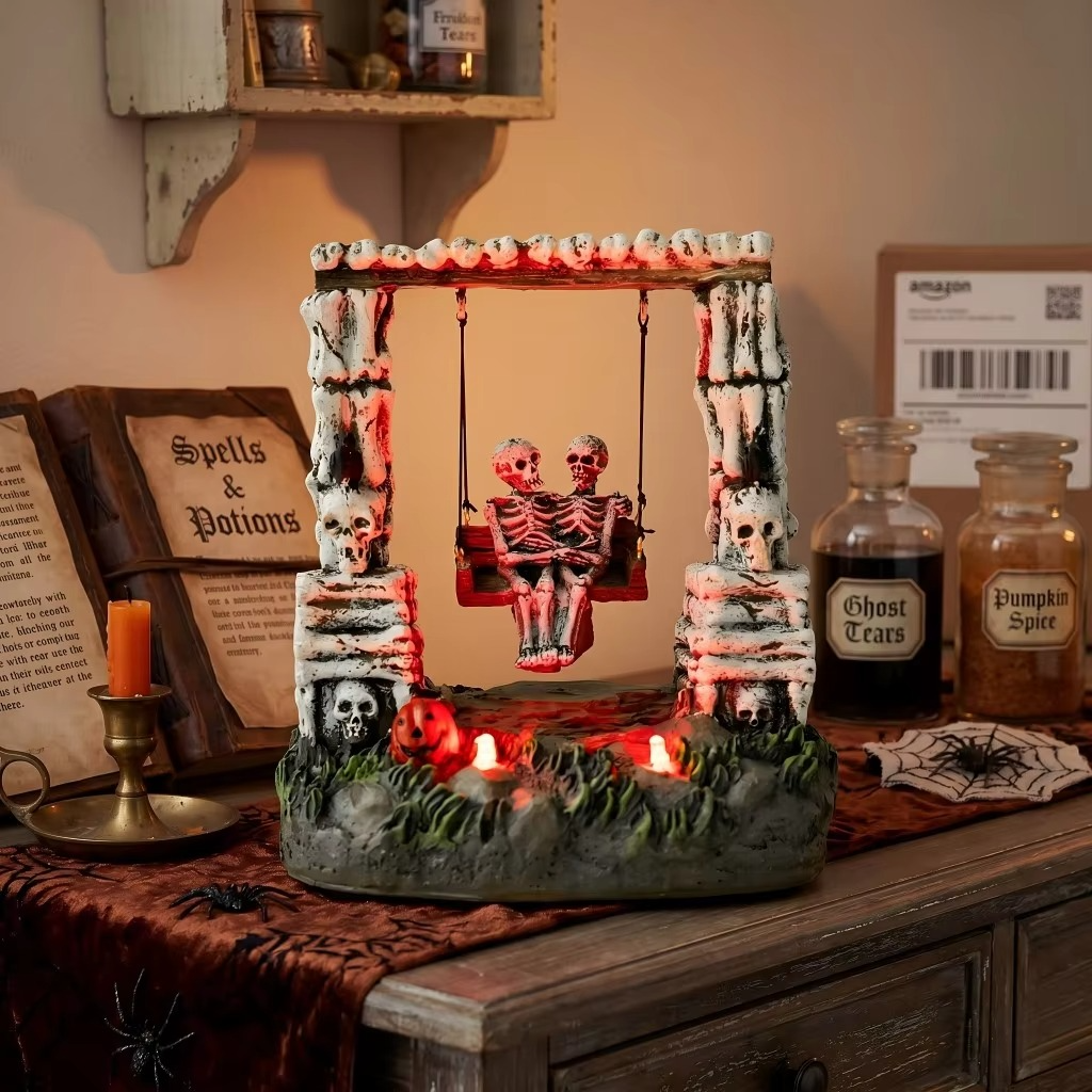 Swinging Skeleton Couple Decoration – LED Light-Up Animated Halloween Figurine for Spooky Village Displays, Tabletop Decor, Haunted Houses and Holiday Parties