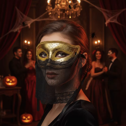 Venetian Half-Face Masquerade Mask – Retro Hollow-Out Design with Veil Details for Cosplay, Costume Parties, Live Performances and Halloween Events