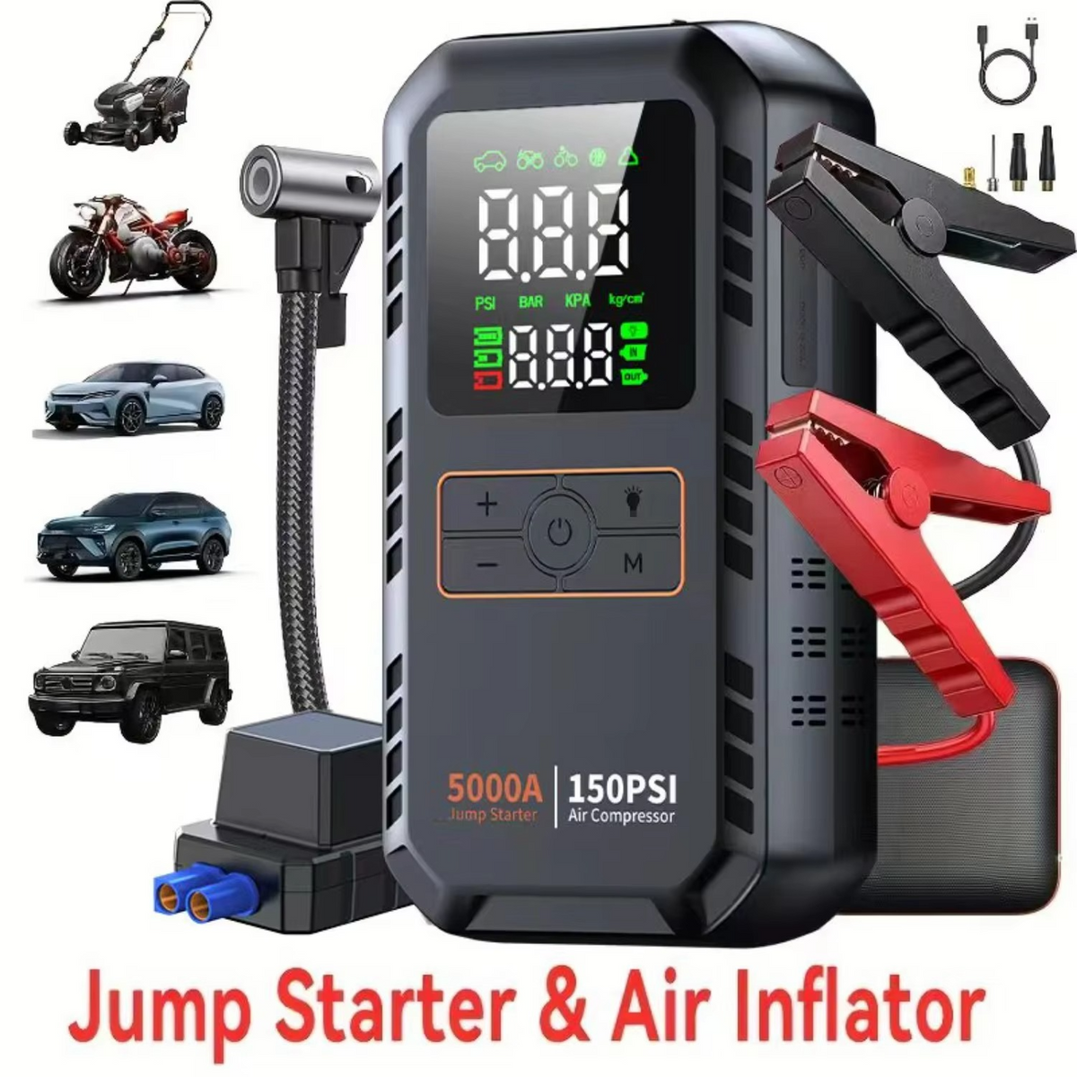 Car Jump Starter with Air Compressor – 5000A Portable Battery Booster with 150 PSI Tire Inflator for Cars, Bikes and Motorcycles