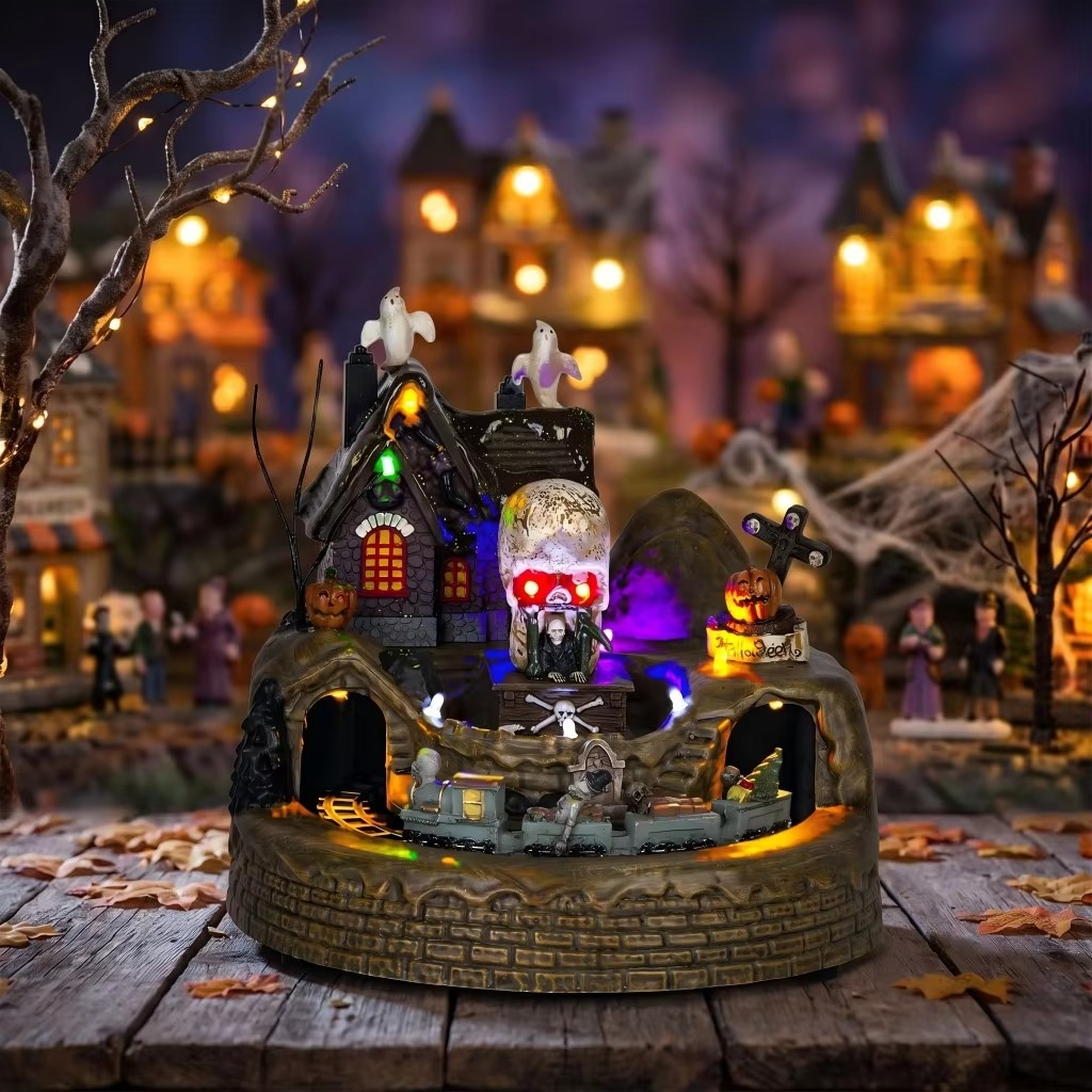Halloween Village Train Decoration – LED Light-Up Musical Haunted House Display with Ghost & Skeleton Figurines for Tabletop and Holiday Decor