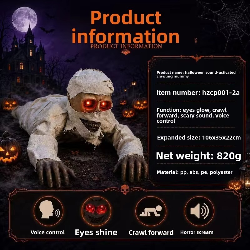 Crawling Mummy Halloween Decoration – Creepy Animated Zombie Figurine with LED Red Eyes for Indoor Home Decor, Haunted Displays and Holiday Parties