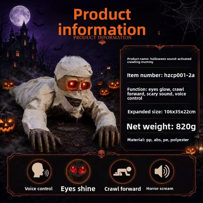 Crawling Mummy Halloween Decoration – Creepy Animated Zombie Figurine with LED Red Eyes for Indoor Home Decor, Haunted Displays and Holiday Parties