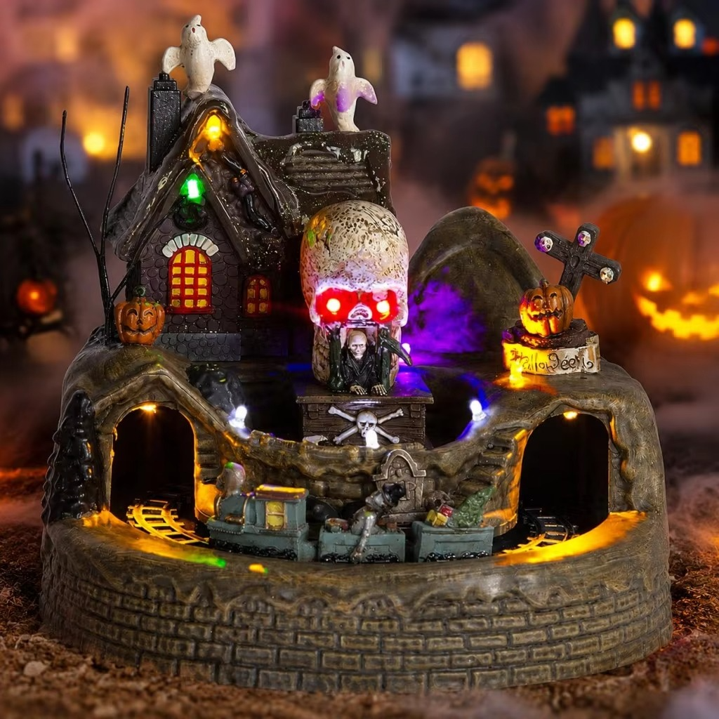 Halloween Village Train Decoration – LED Light-Up Musical Haunted House Display with Ghost & Skeleton Figurines for Tabletop and Holiday Decor