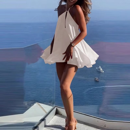 Women’s A-Line Mini Dress – Elegant Sleeveless Solid Color Dress with Hollow-Out Pleated Design for Summer, Casual Wear, Parties and Club Outfits