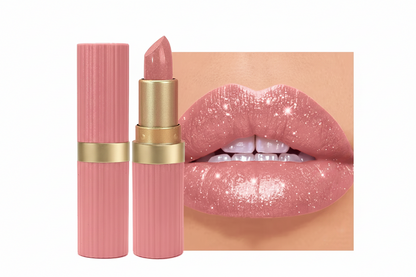 Pearlescent Pink Glitter Lipstick – Metallic Matte Shimmer Lip Color with Waterproof, Long-Lasting Finish for Sparkling Diamond-Look Makeup