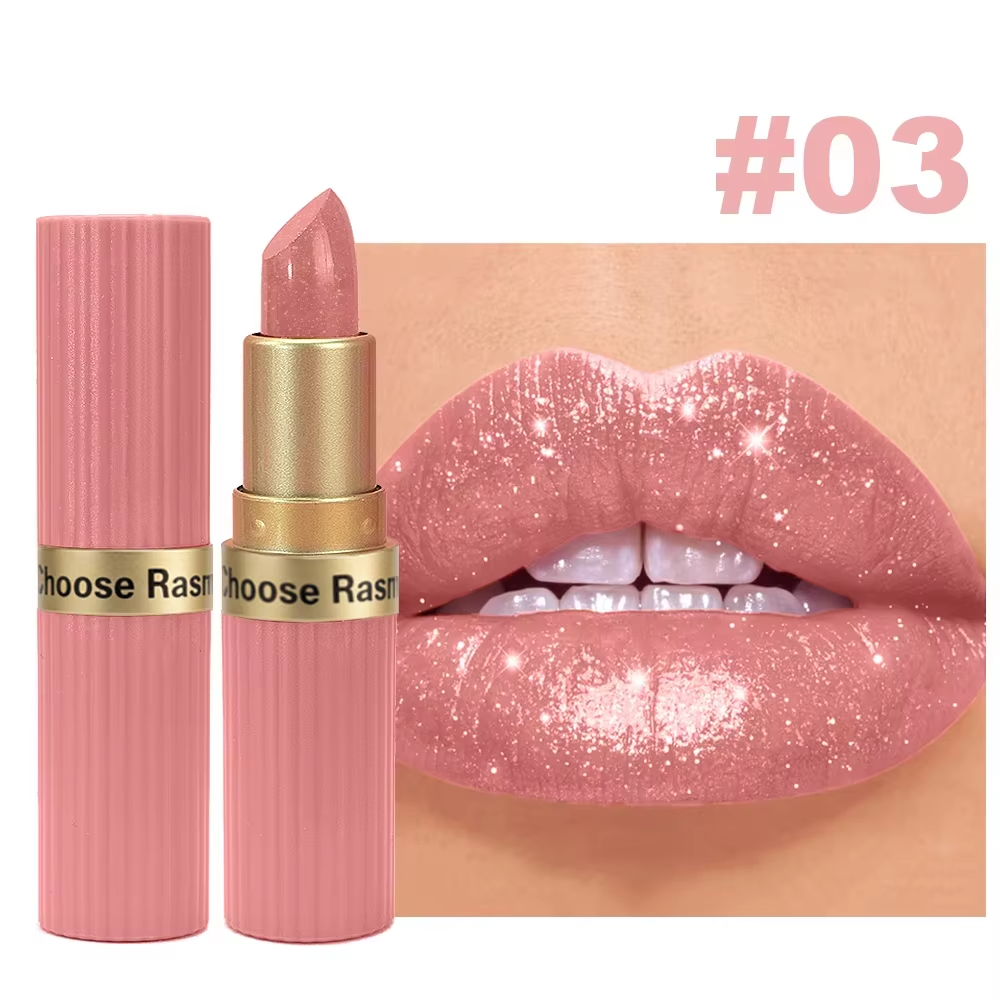 Pearlescent Pink Glitter Lipstick – Metallic Matte Shimmer Lip Color with Waterproof, Long-Lasting Finish for Sparkling Diamond-Look Makeup