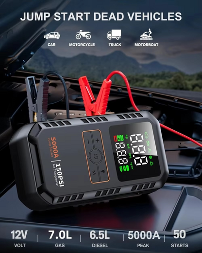 Car Jump Starter with Air Compressor – 5000A Portable Battery Booster with 150 PSI Tire Inflator for Cars, Bikes and Motorcycles