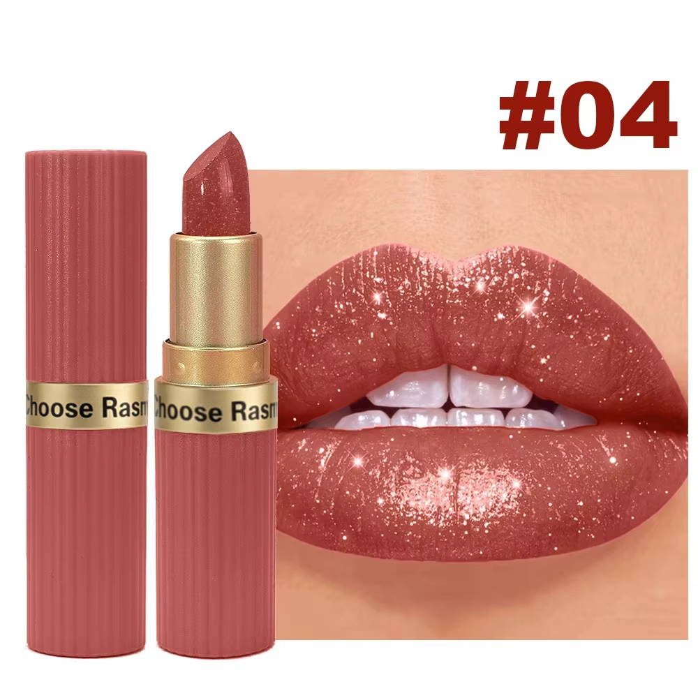 Pearlescent Pink Glitter Lipstick – Metallic Matte Shimmer Lip Color with Waterproof, Long-Lasting Finish for Sparkling Diamond-Look Makeup