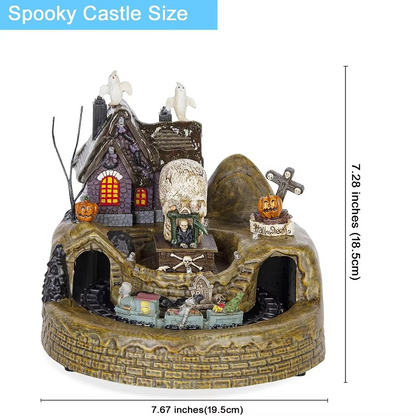 Halloween Village Train Decoration – LED Light-Up Musical Haunted House Display with Ghost & Skeleton Figurines for Tabletop and Holiday Decor