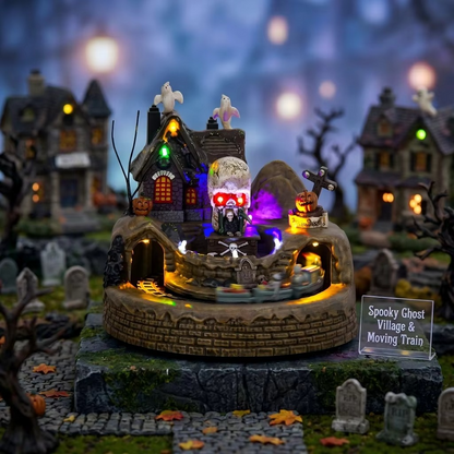 Halloween Village Train Decoration – LED Light-Up Musical Haunted House Display with Ghost & Skeleton Figurines for Tabletop and Holiday Decor