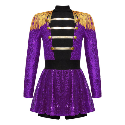 Girls Sequin Magician Costume – Circus Ringmaster Bodysuit Jumpsuit with Hat, Gloves & Magic Wand for Halloween, Stage Performances and Dress-Up