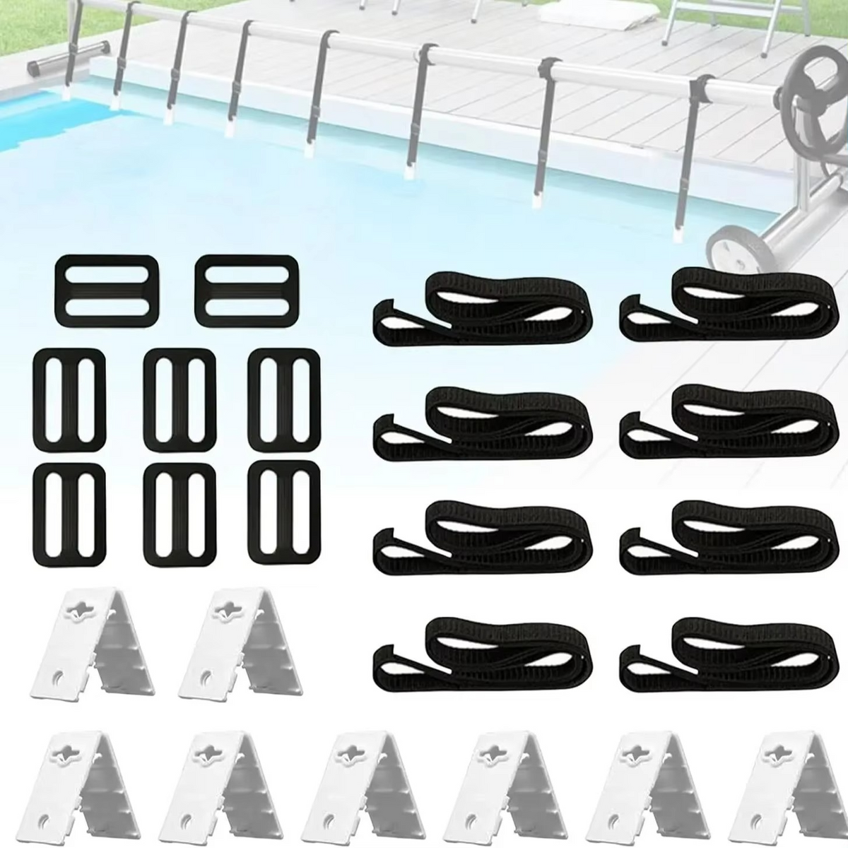 Swimming Pool Cover Reel Strap Kit – 8-Piece Adjustable Attachment Straps & Clips for Solar Cover Rollers, Storage Spools and Pool Covers