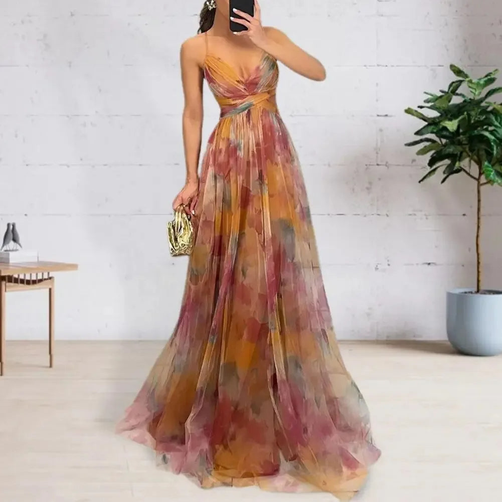 Sexy Hollow-Out Party Maxi Dress – Women’s Summer Print Sleeveless Lace-Up Vestido for Lounge, Outdoor Events or Evening Glamour