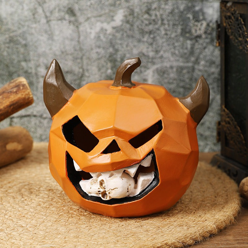 Halloween Pumpkin Skull Resin Figurine – Horror-Themed Decorative Ornament for Desktop Display, Creepy Crafts, and Festive Haunted Atmosphere Props