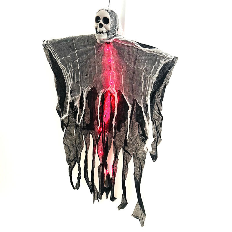 Lighted Hanging Ghost Decoration – Halloween Skull Skeleton Gauze Ornament for Gardens, Homes and Outdoor Party Scenes with Spooky Built-In Illumination