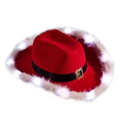LED Light-Up Cowboy Christmas Hat – Festive Red Felt Western Santa Hat with Wide Brim, Perfect for Holiday Parties, Costumes, and Events