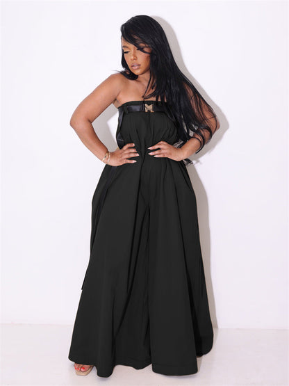 Casual Slash Neck  Women’s Wide Leg Jumpsuit – Bodysuit with Sash Belt, Loose Fit Outdoor Fashion Outfit for Daily Wear
