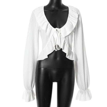 Sexy Autumn Lace-Up Crop Cardigan Top – V-Neck Ruffle Long Sleeve Women’s Streetwear Blouse for Holiday Outfits