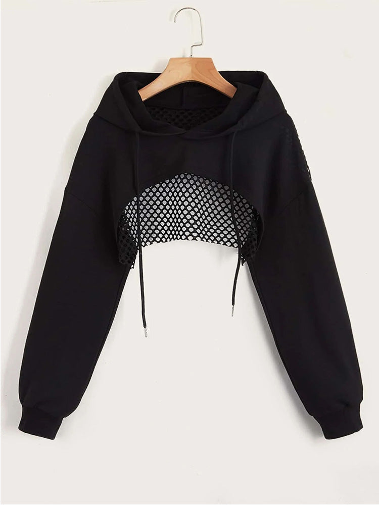 Street Sport Super Crop Hoodie – Hollow Out Drawstring Drop Shoulder Sports Top for Gym Layering and Trendy High-Fashion Athletic Streetwear Looks