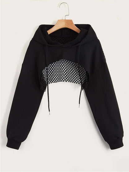 Street Sport Super Crop Hoodie – Hollow Out Drawstring Drop Shoulder Sports Top for Gym Layering and Trendy High-Fashion Athletic Streetwear Looks