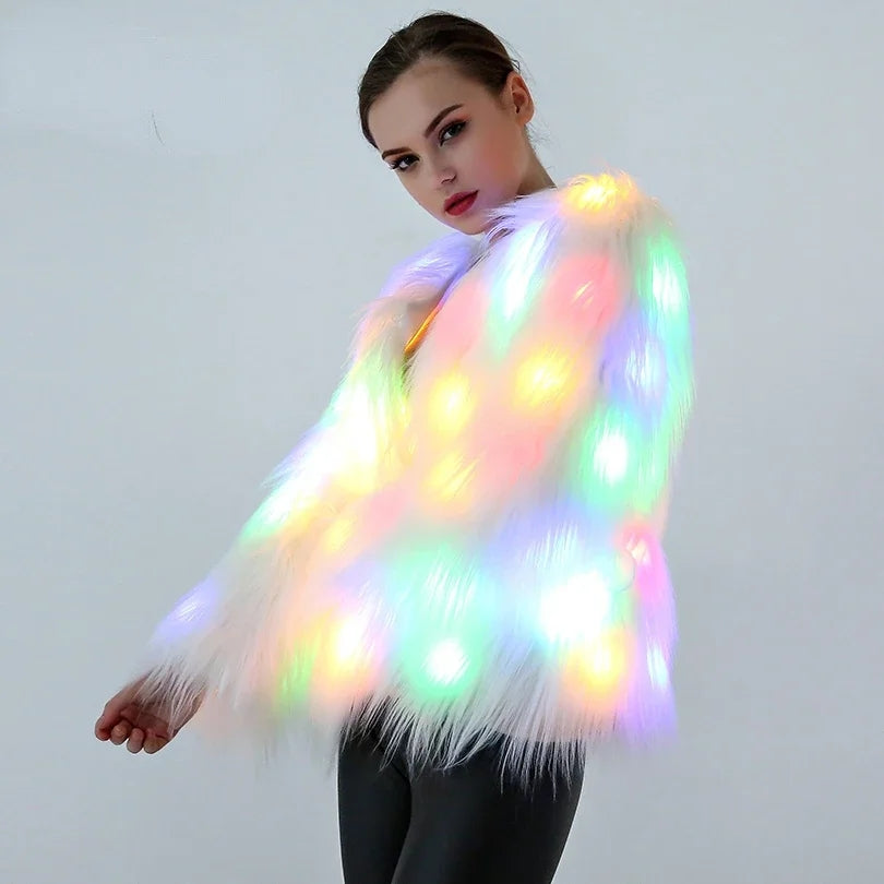 Women’s Faux Fur LED Cosplay Coat – Light-Up Multicolor Valentine Hoodie Vest, Warm Party Jacket for Festivals, Dance Events & Night Shows