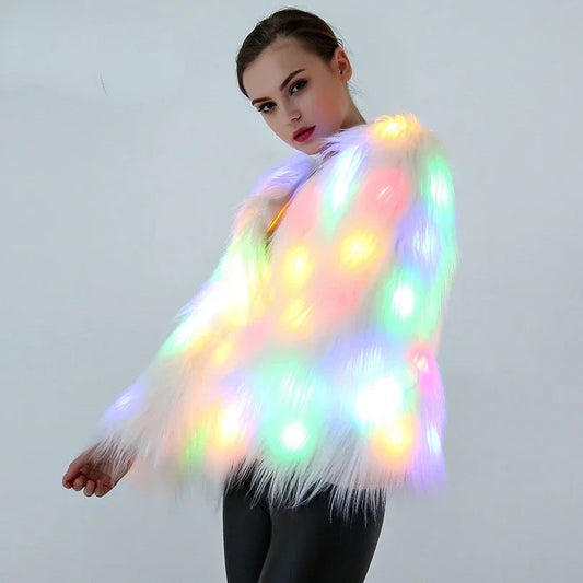 Women’s Faux Fur LED Cosplay Coat – Light-Up Multicolor Valentine Hoodie Vest, Warm Party Jacket for Festivals, Dance Events & Night Shows