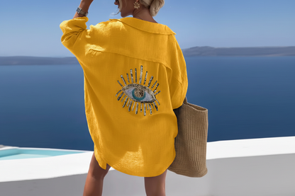 Loose Fit Printed Blouse - Women's Turn Down Collar Long Sleeve Shirt with Beach Style Design, Casual Summer Fashion Top