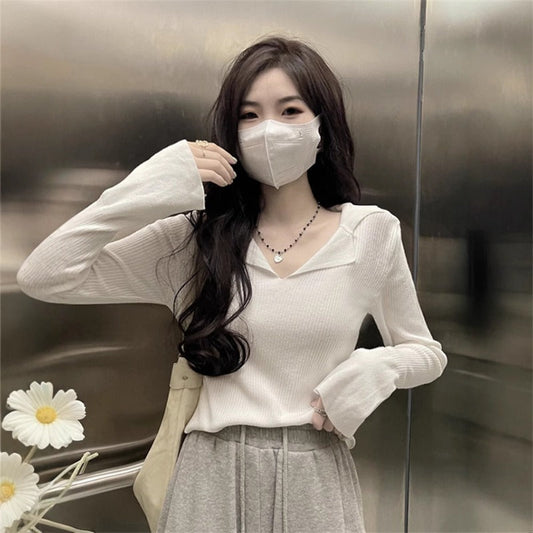 Women’s Knitted Long Sleeve Shirt – Casual Fashion Sweater Top with Modern Minimalist Design for Everyday Spring Style