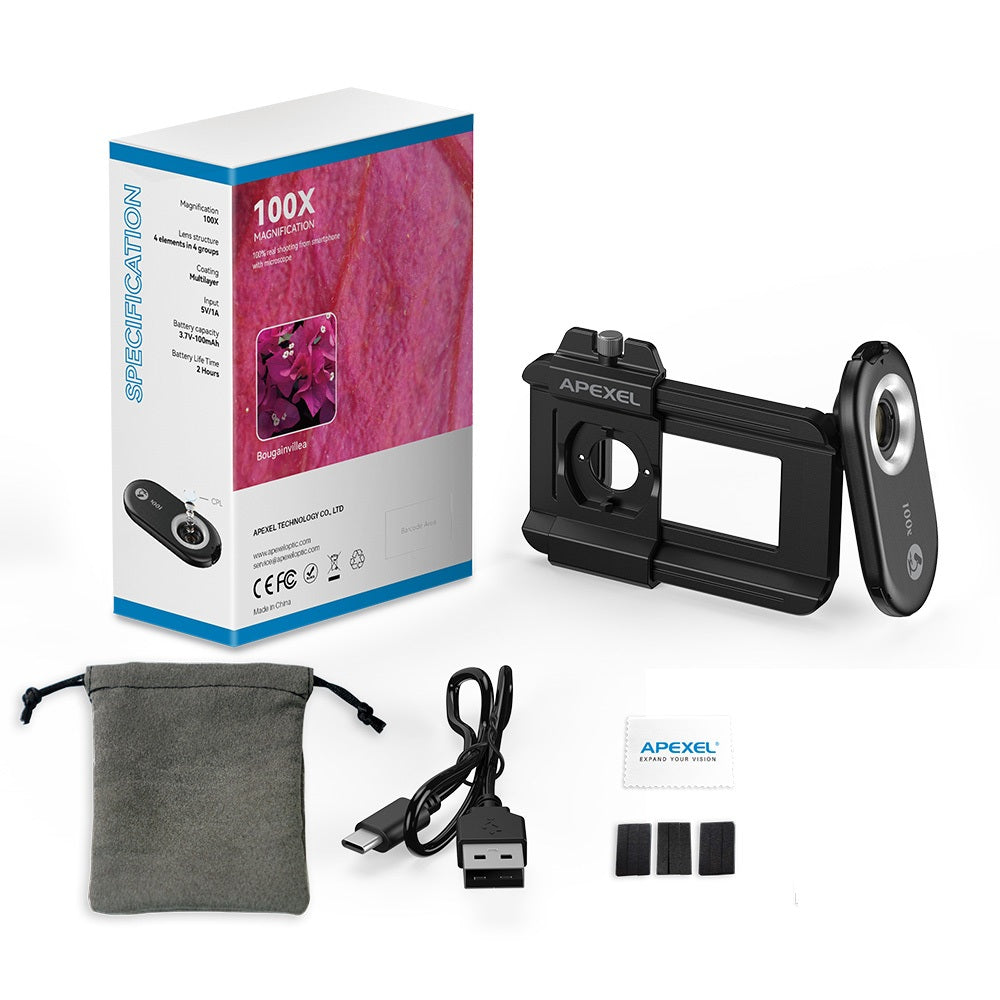 Upgraded Three-in-One Smartphone Microscope Lens Kit – 100X–200X Macro Lens with LED Light, Compatible with Most iOS & Android Phones