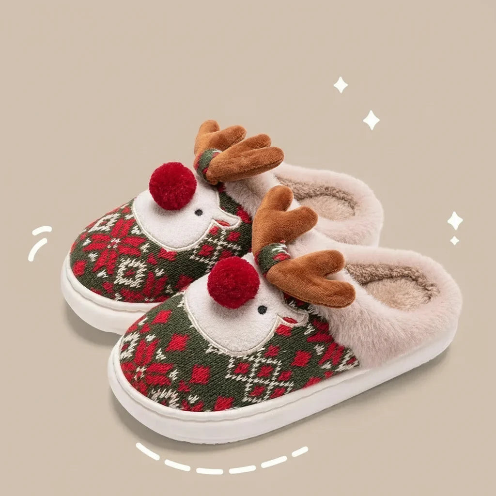 Women’s Winter Cotton Christmas Slippers – Cute Cartoon Deer Non-Slip Indoor Shoes for Girls, Cozy Holiday Home Footwear & Party Style