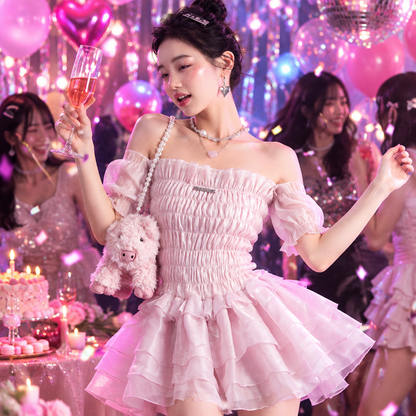 Smoked Rose Strapless Mini Dress – Fluffy Retro Pink Party Dress for Women with Romantic Feminine Styling and Statement Silhouette